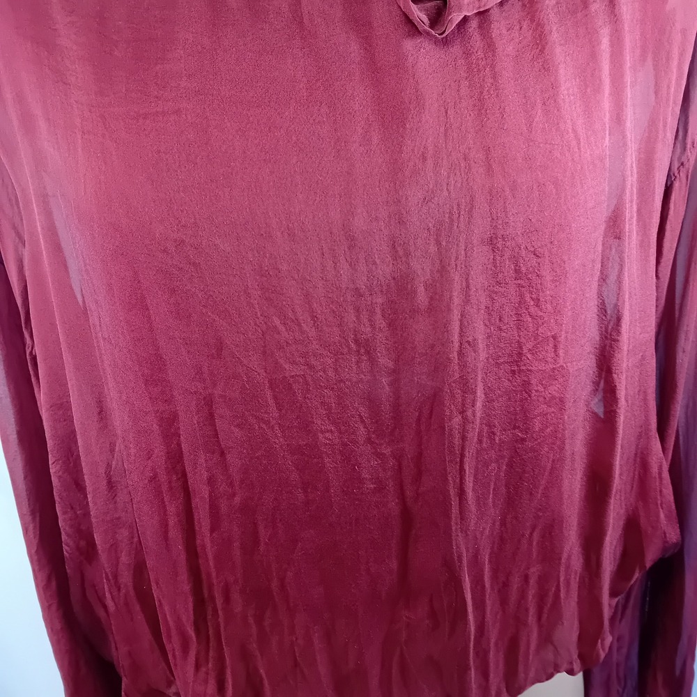 Y2K Femme Silk Blouson Hem Flowy Whimsigoth Burgundy Rose Blouse Sheer Sleeves M - Picture 8 of 16
